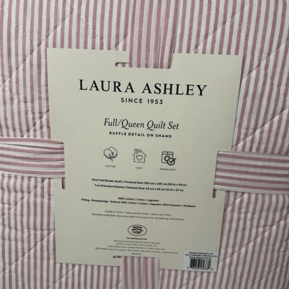 Laura Ashley ~ Full/Queen PINK Oxford Stripe Quilt/Sham Set ~ Reversible/Cotton